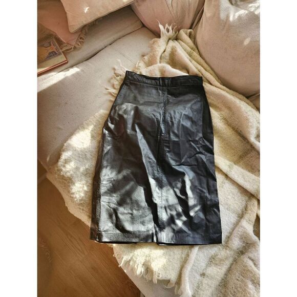 90s Vintage Black Leather Slit Skirt Mob Wife Lined High Waist Sexy - Picture 4 of 9
